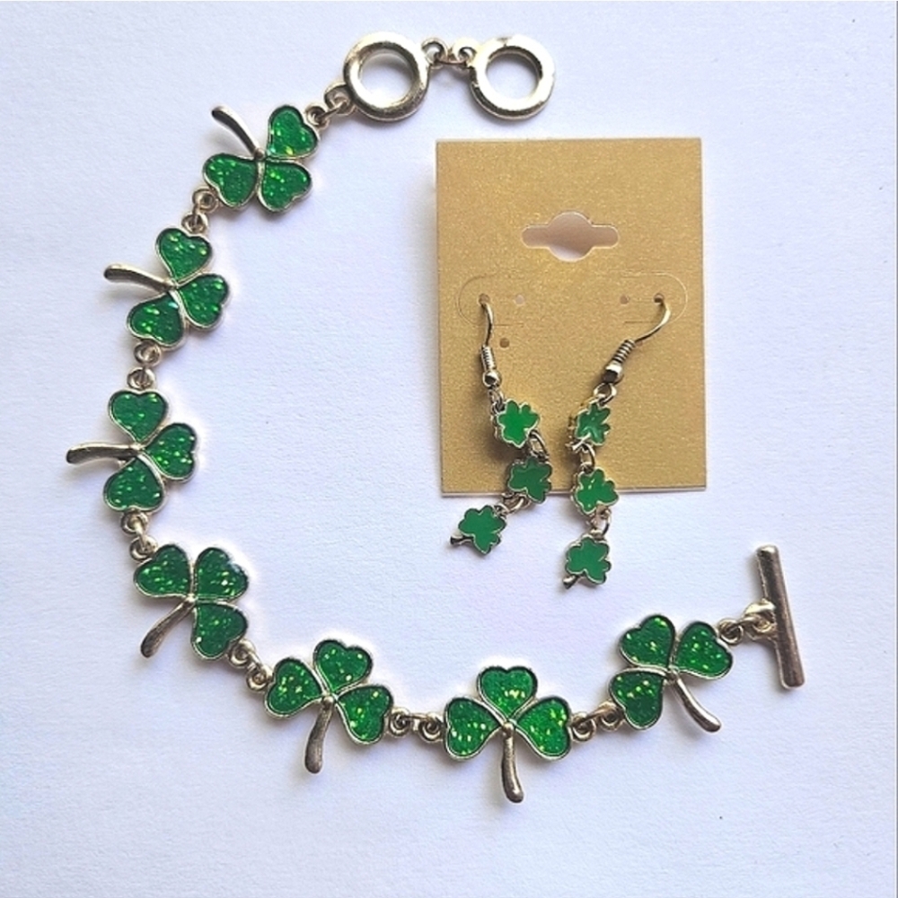Shamrock Green Enamel Bracelet and Earrings